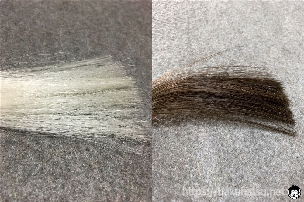 スティーブンノル カラークチュール クリームヘアカラー 8BE ピュアベージュブラウンと白髪の色比較