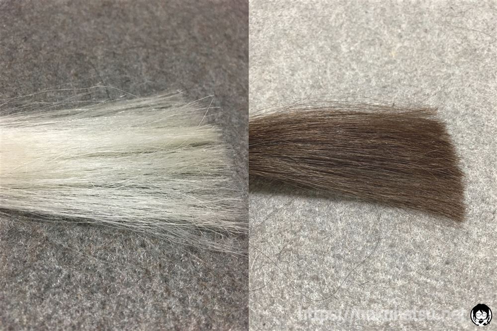 ブローネ ルミエスト ヘアカラー 2B キャラメルブラウンを白髪に染めた色の比較