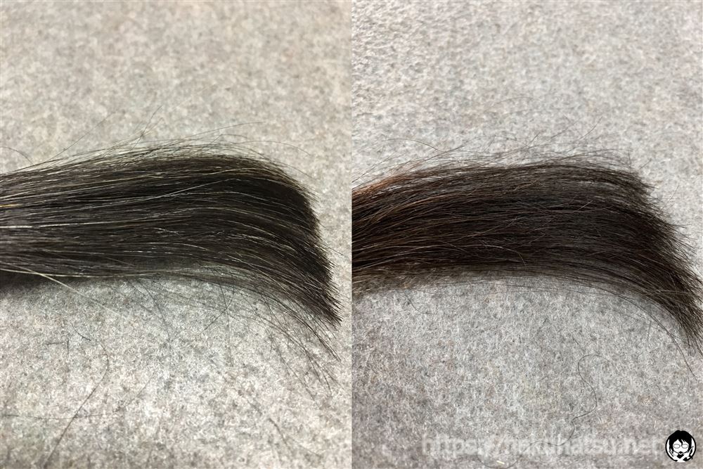スティーブンノル カラークチュール クリームヘアカラー 8BE ピュアベージュブラウンと黒髪+白髪10％の色比較